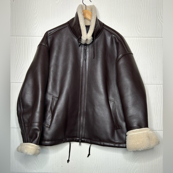 storets Dark Brown Bomber Jacket with Cream Shearling Trim - Picture 3 of 10